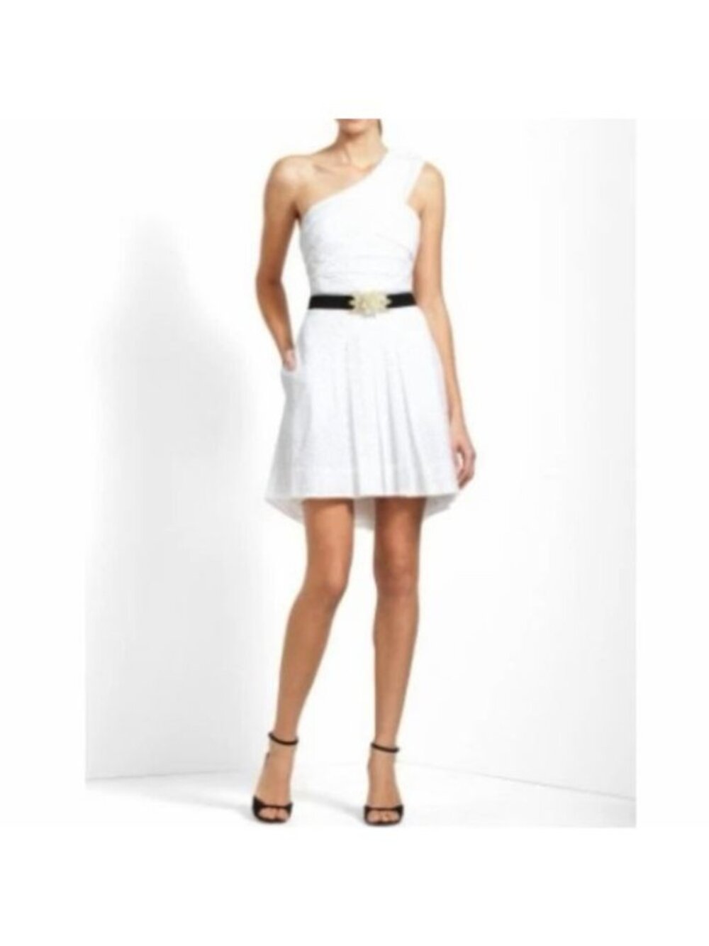 NWT BCBGMAXAZRIA White Eyelet One Shoulder Fit Flare Mini Dress Size 4